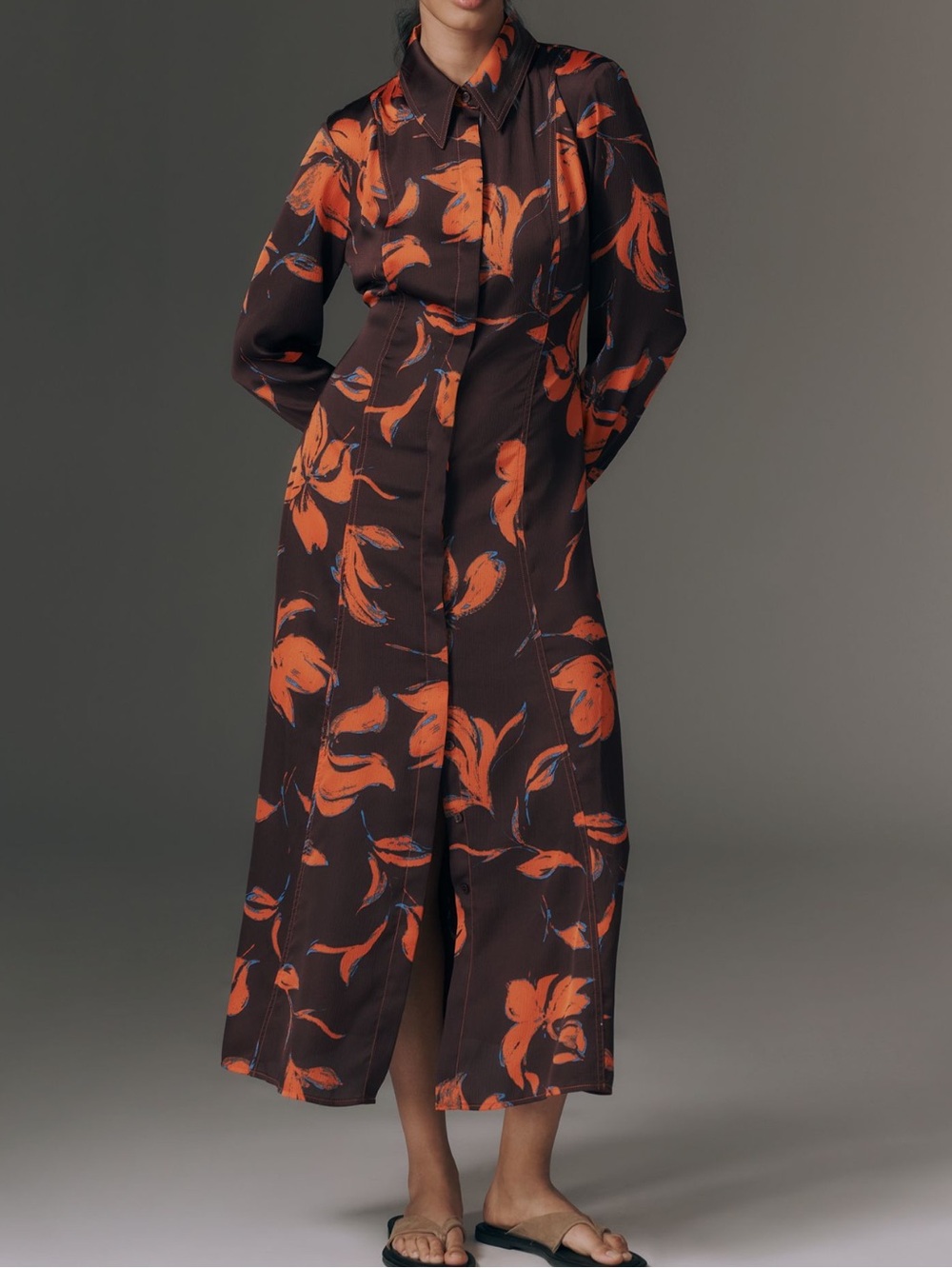 Exquise Long Sleeve Satin Shirt Dress Button Front New XXS Purple Orange Floral - Picture 2 of 13